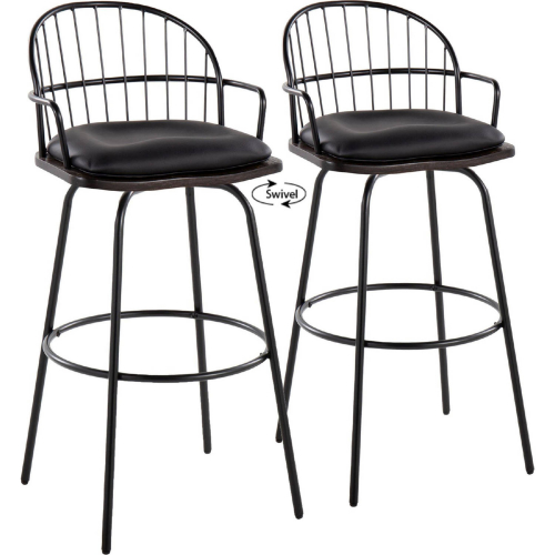 Riley Claire 30" Swivel Bar Stool in Black Metal, Dark Walnut Wood & Black Leatherette (Set of 2)